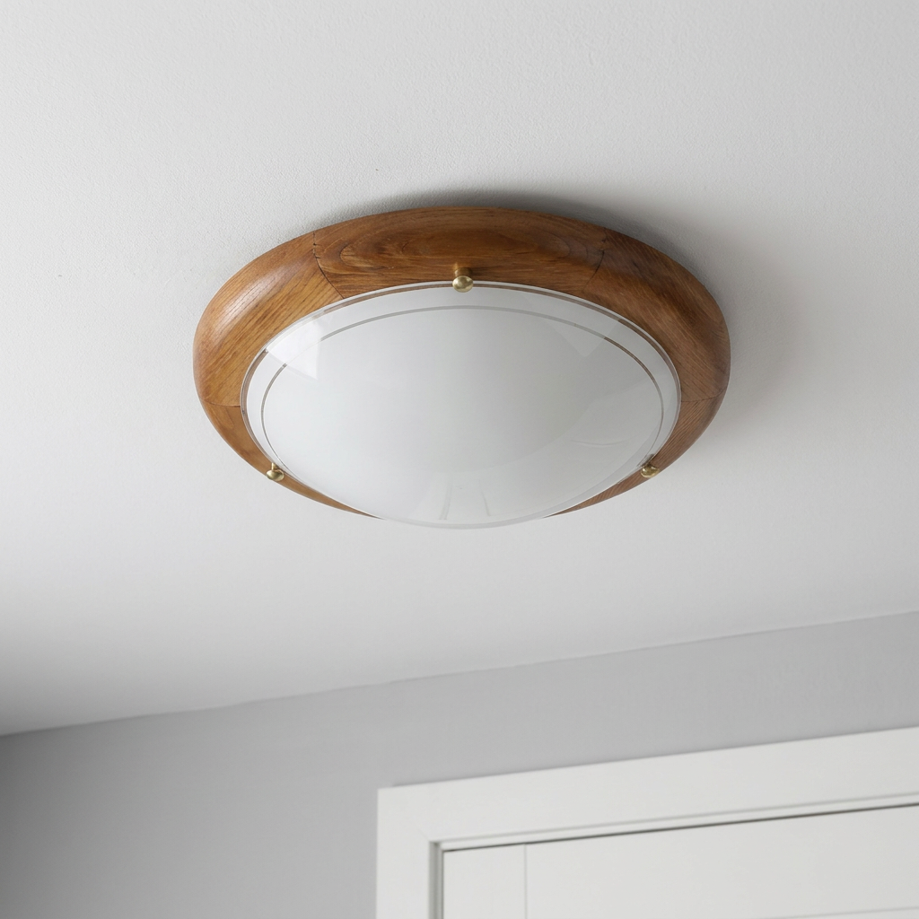 Plafonnier Acier Verre Bois Chêne — vu de dessous, fixe au plafond, eteint