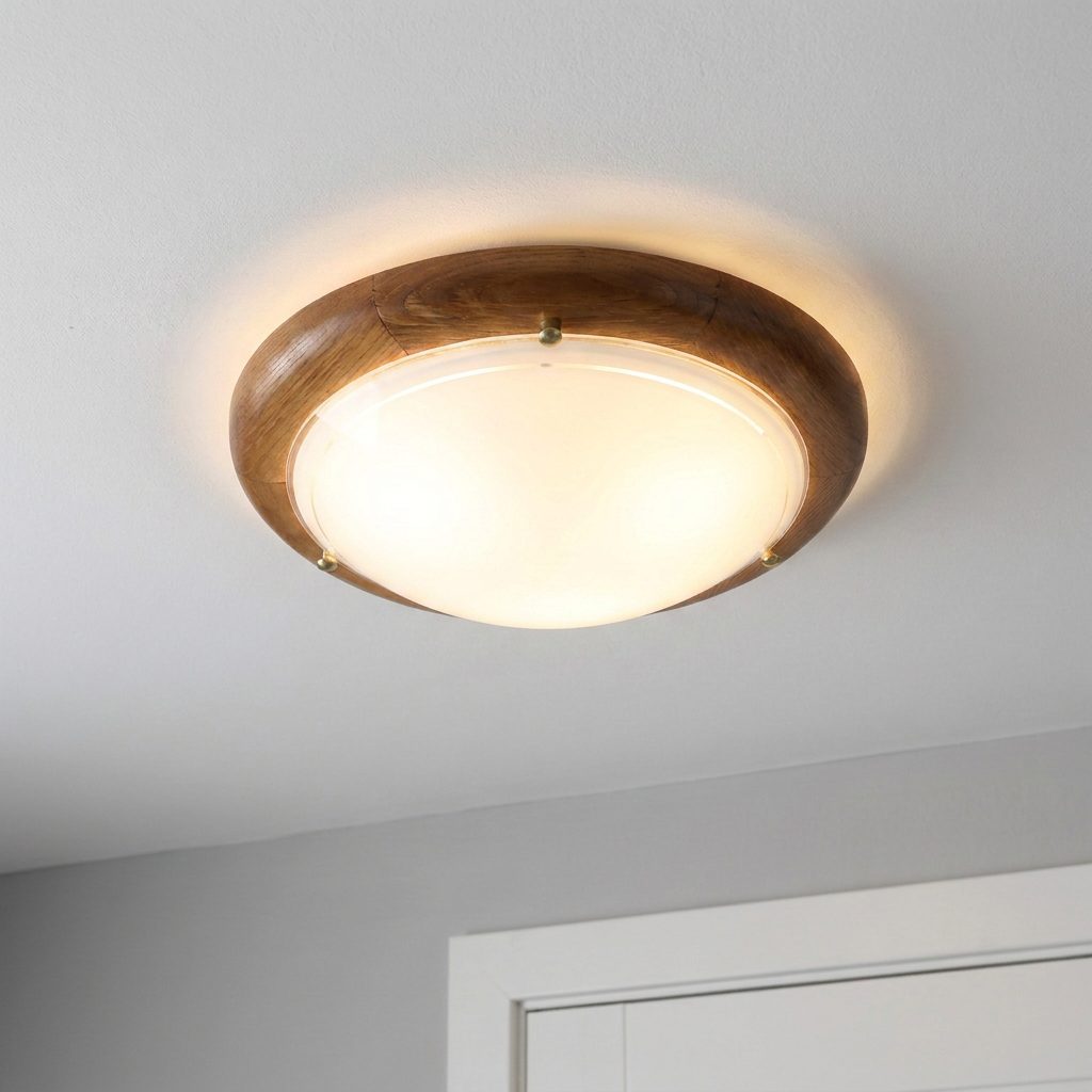 Plafonnier Acier Verre Bois Chêne — allume au plafond, halo lumineux