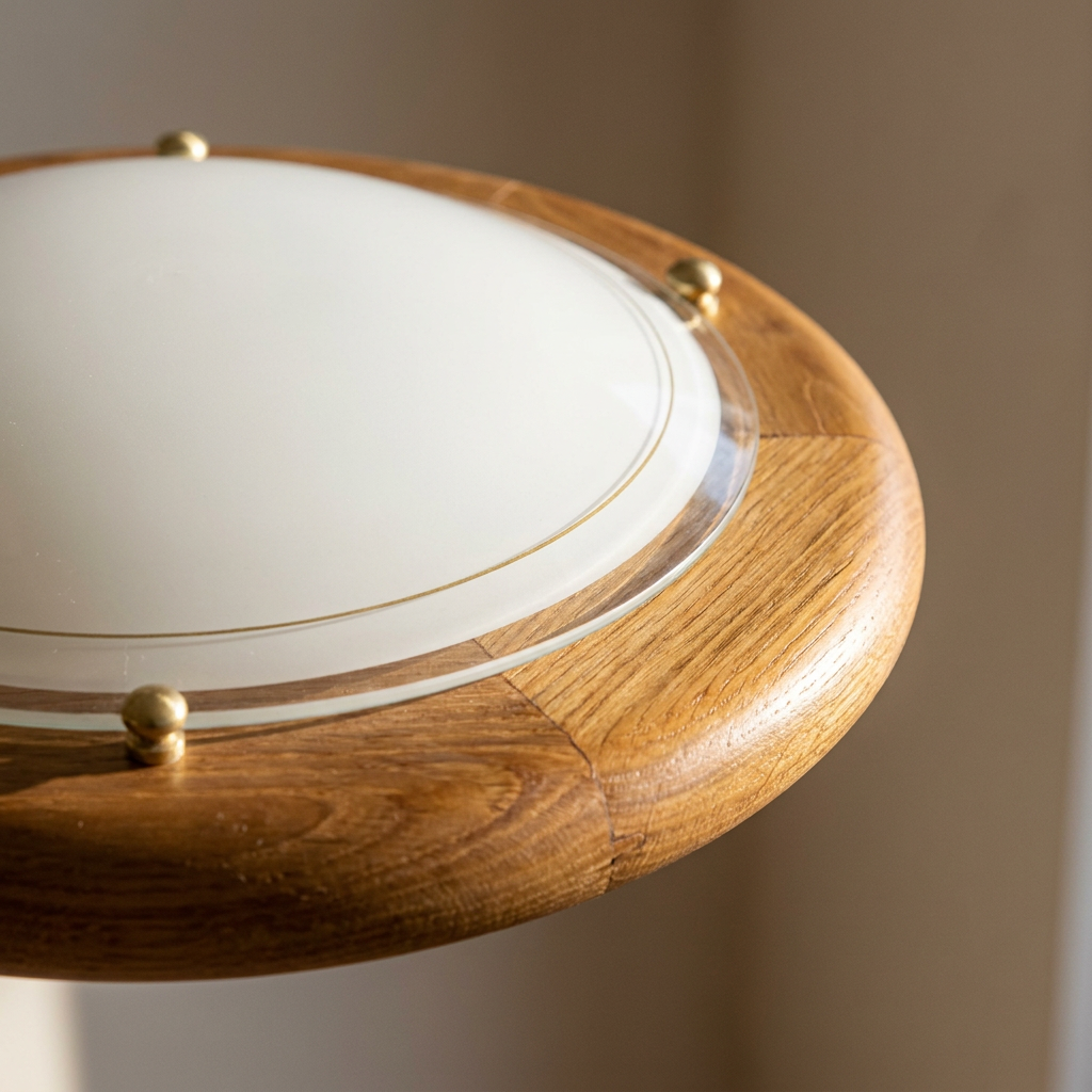 Plafonnier Acier Verre Bois Chêne — gros plan sur la matiere et la finition