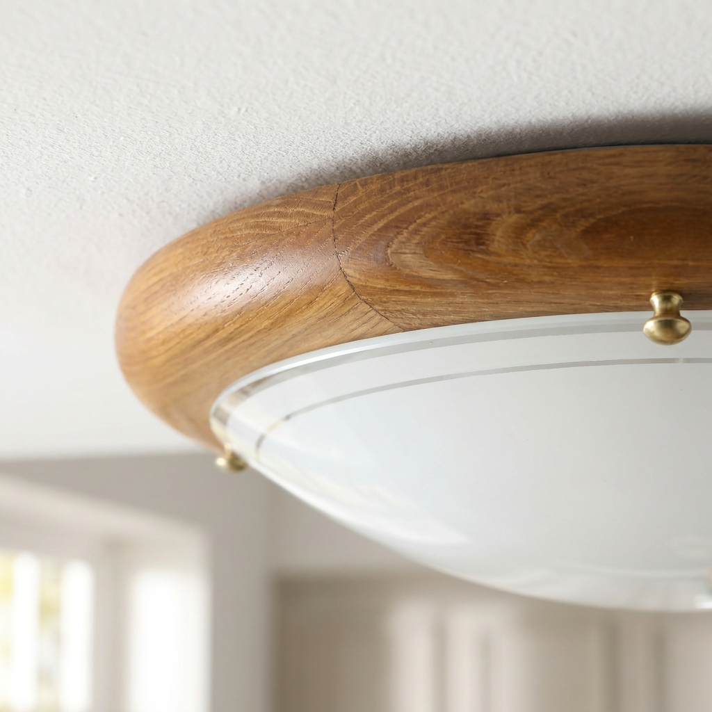 Plafonnier Acier Verre Bois Chêne — detail du bord et de la fixation au plafond