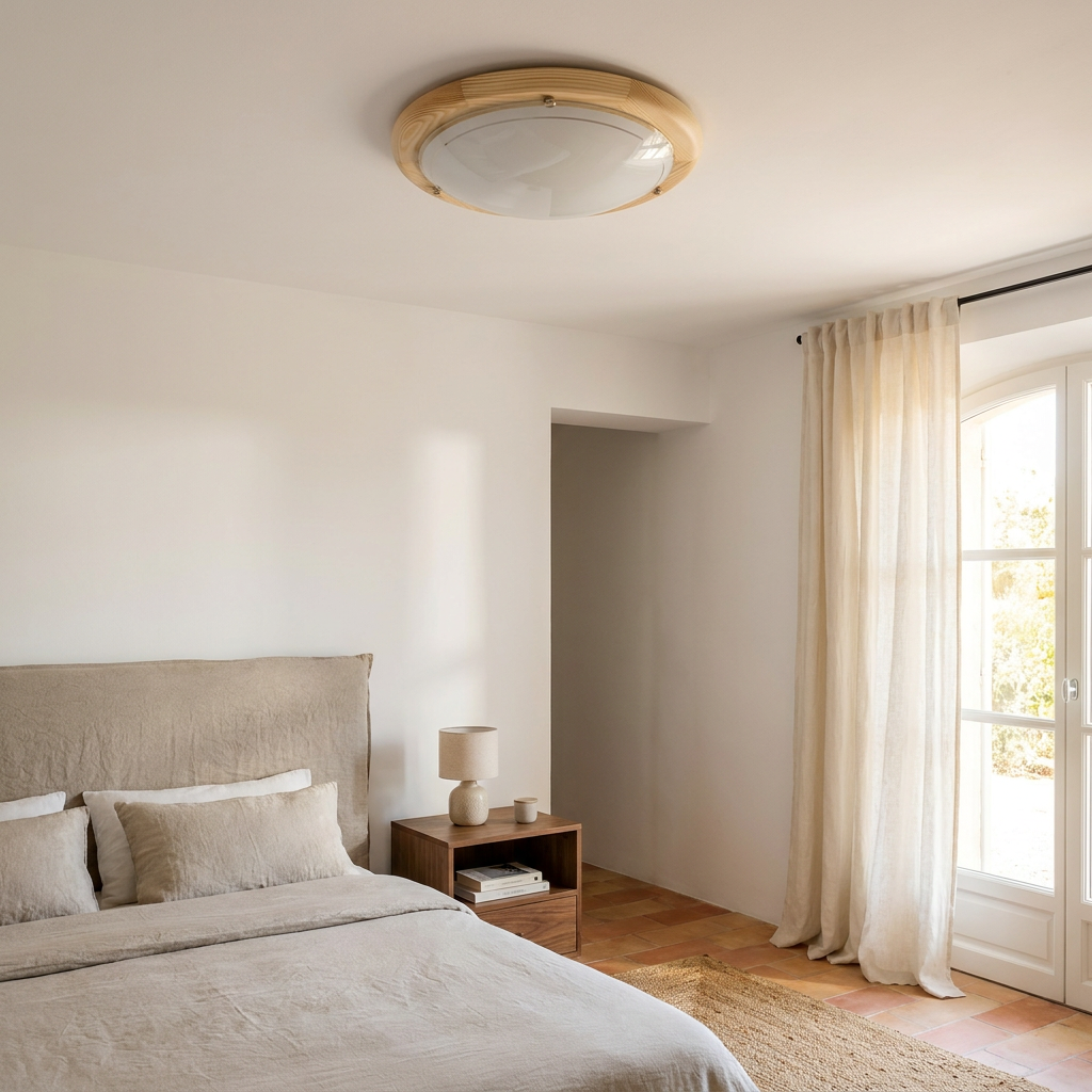 Plafonnier Acier Verre Bois Pin — en situation dans une piece, fixe au plafond, eteint