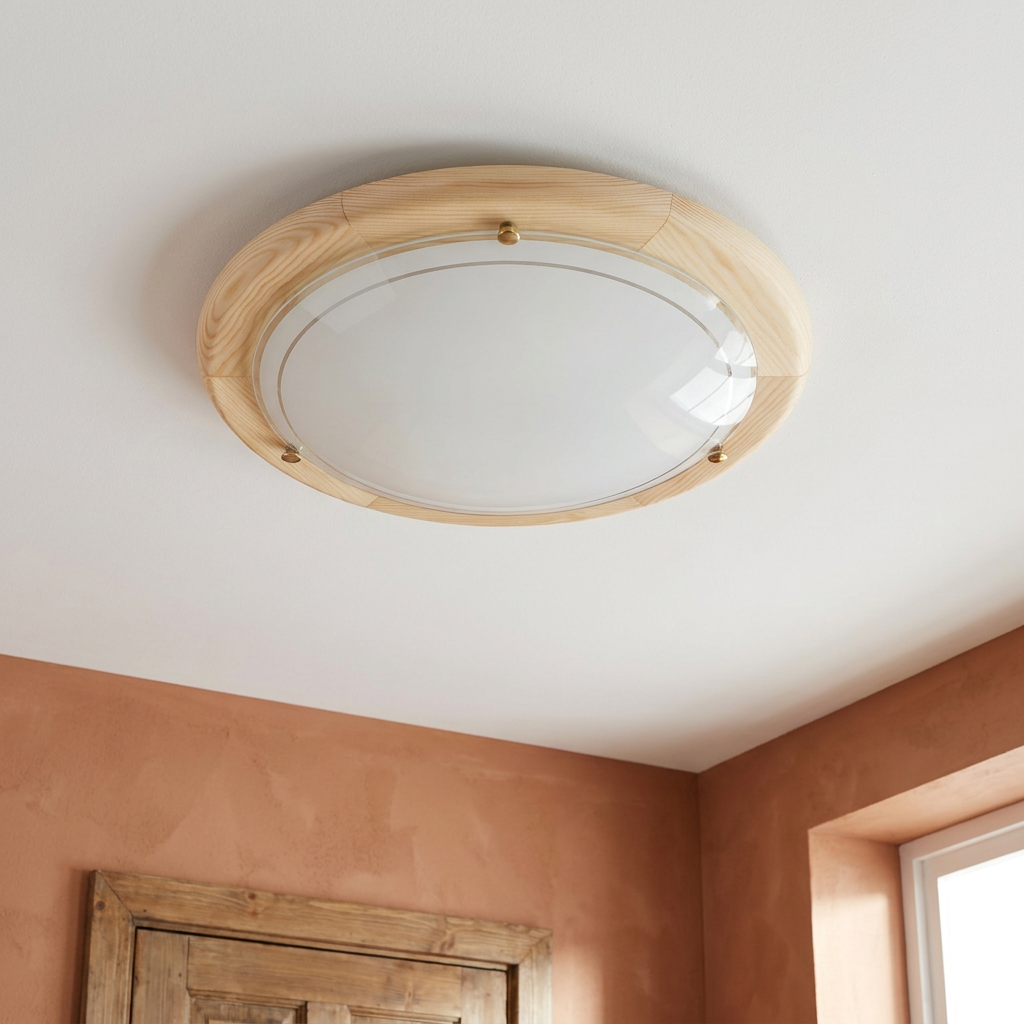 Plafonnier Acier Verre Bois Pin — vu de dessous, fixe au plafond, eteint