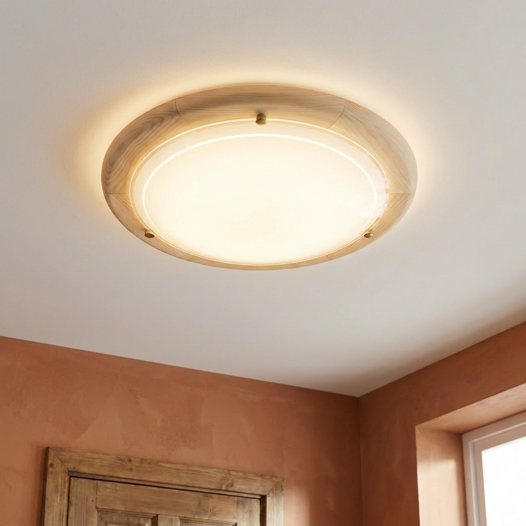 Plafonnier Acier Verre Bois Pin — allume au plafond, halo lumineux