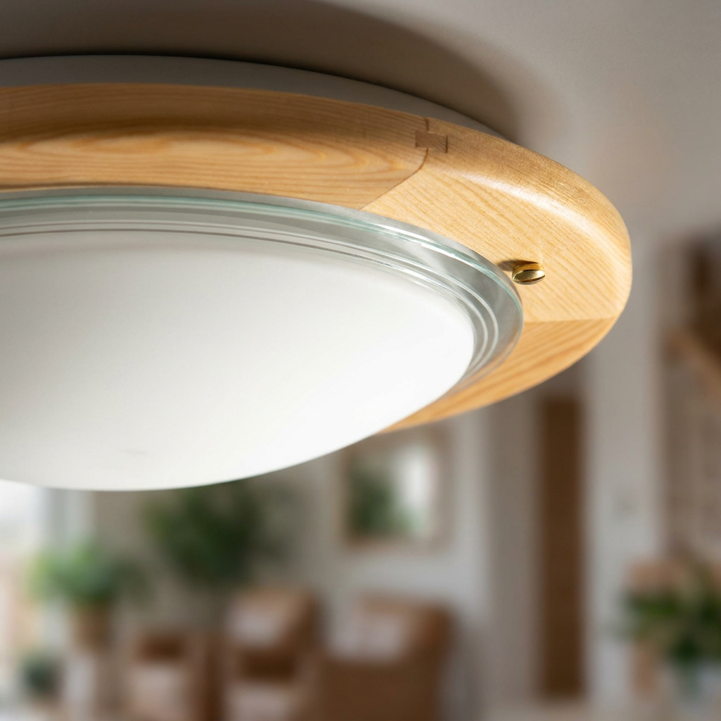 Plafonnier Acier Verre Bois Pin — gros plan sur la matiere et la finition