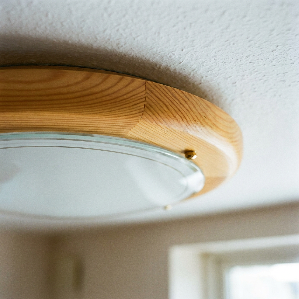 Plafonnier Acier Verre Bois Pin — detail du bord et de la fixation au plafond