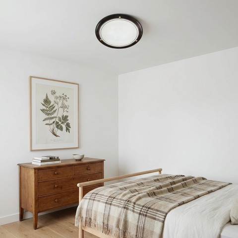 Plafonnier Acier Verre Bois Wengé — en situation dans une piece, fixe au plafond, eteint