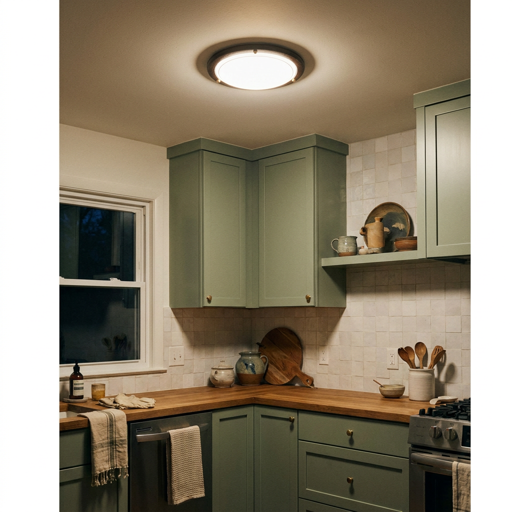 Plafonnier Acier Verre Bois Wengé — allume le soir, ambiance chaleureuse, eclairage du plafond