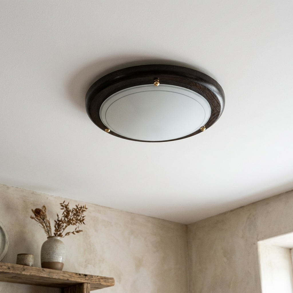 Plafonnier Acier Verre Bois Wengé — vu de dessous, fixe au plafond, eteint