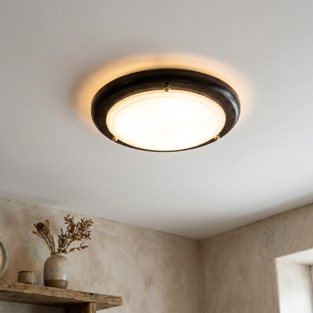 Plafonnier Acier Verre Bois Wengé — allume au plafond, halo lumineux