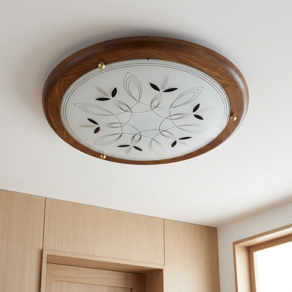 Plafonnier Acier Verre Chêne | Rustica — vu de dessous, fixe au plafond, eteint
