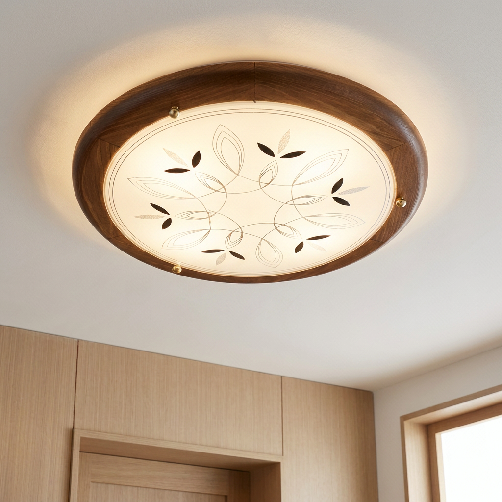 Plafonnier Acier Verre Chêne | Rustica — allume au plafond, halo lumineux
