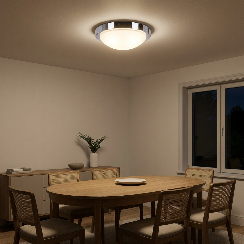 Plafonnier Acier Verre Chromé | Roda — allume le soir, ambiance chaleureuse, eclairage du plafond