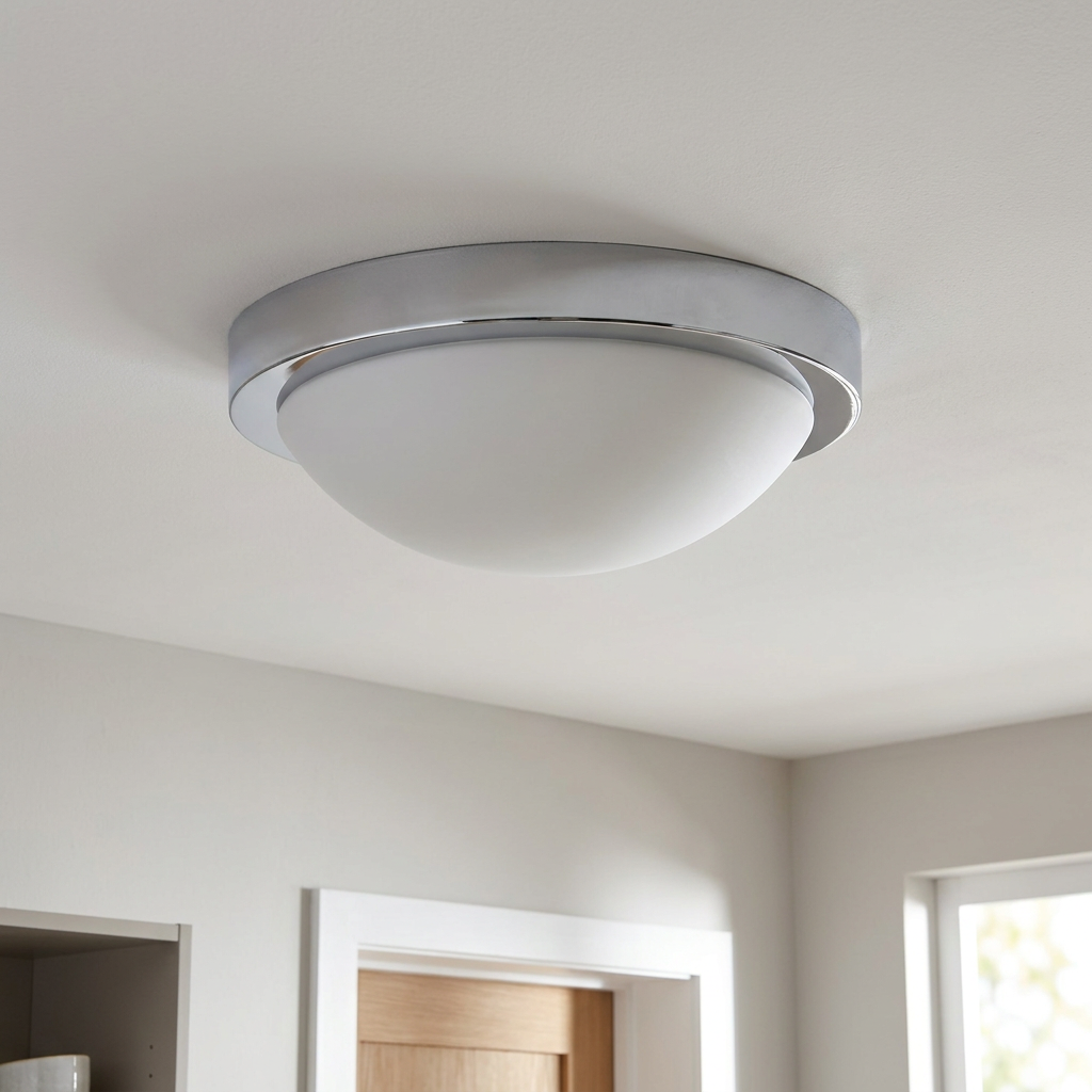Plafonnier Acier Verre Chromé | Roda — vu de dessous, fixe au plafond, eteint