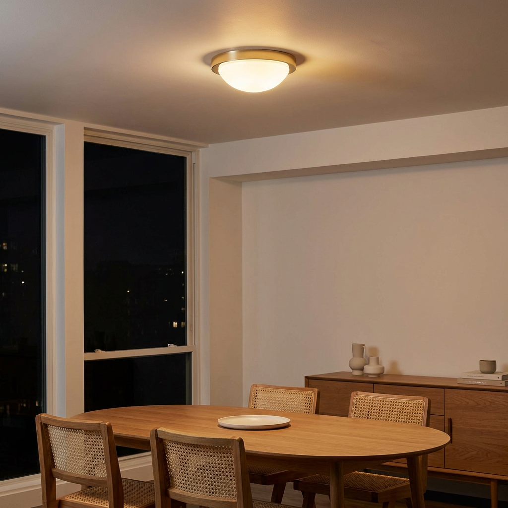 Plafonnier Acier Verre Doré | Roda — allume le soir, ambiance chaleureuse, eclairage du plafond