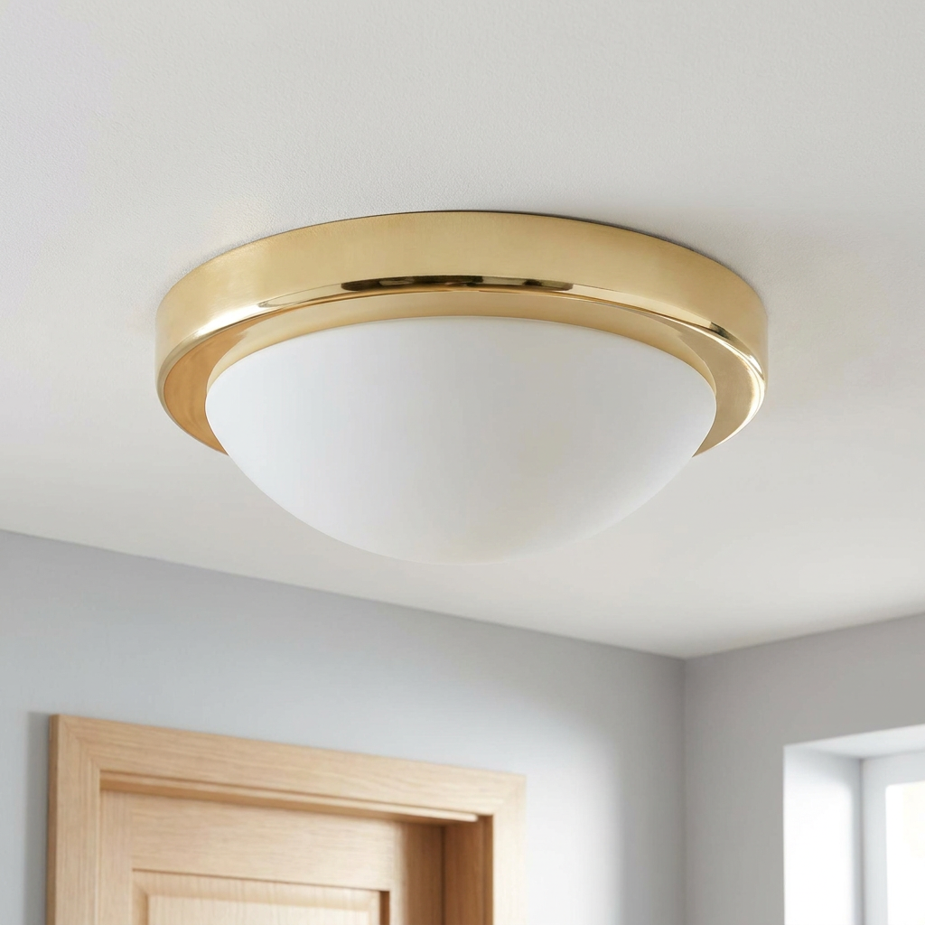 Plafonnier Acier Verre Doré | Roda — vu de dessous, fixe au plafond, eteint