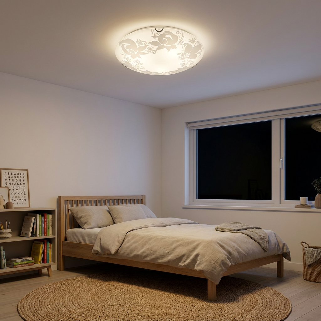 Plafonnier Acier Verre E27 | Beris — allume le soir, ambiance chaleureuse, eclairage du plafond