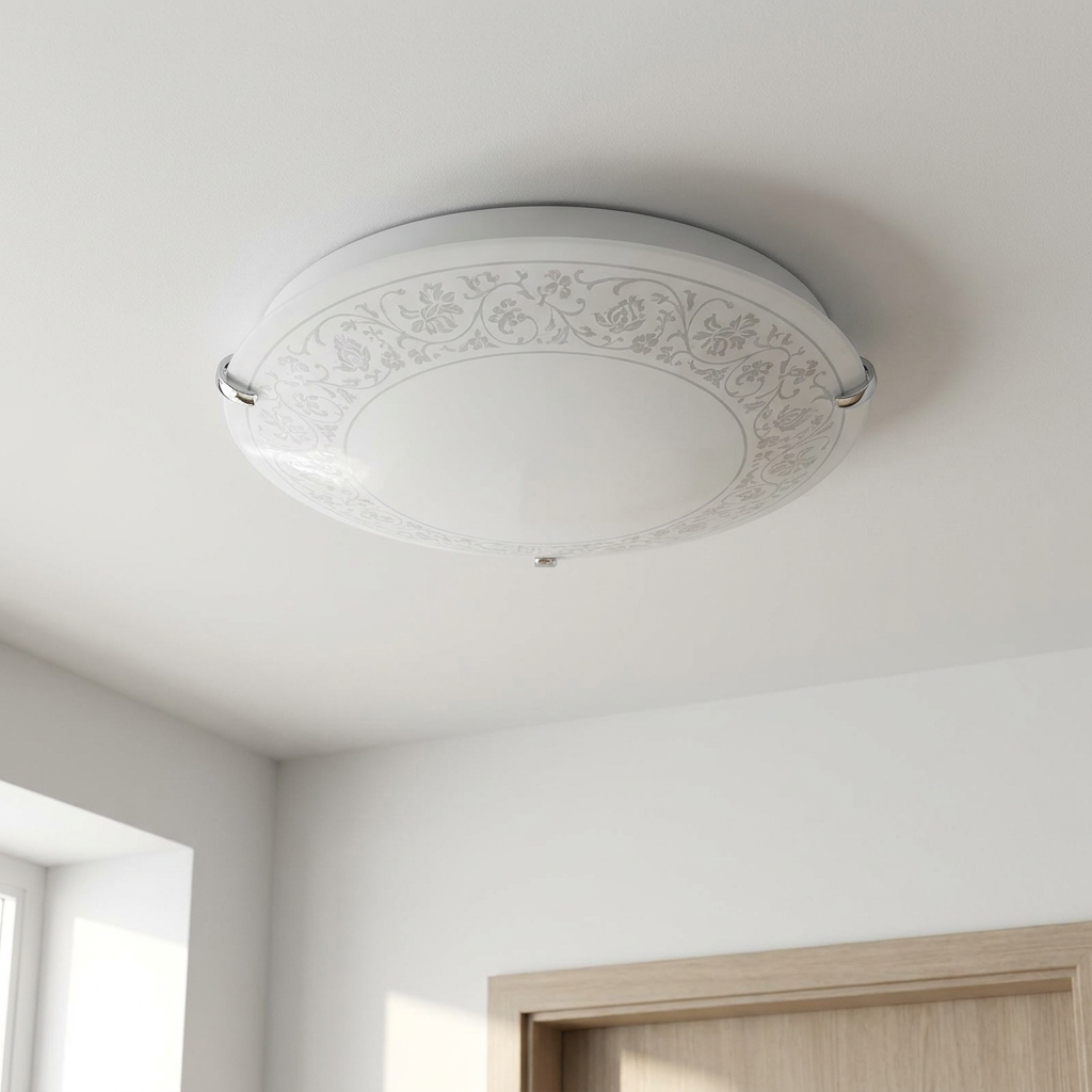 Plafonnier Acier Verre E27 | Beris — vu de dessous, fixe au plafond, eteint