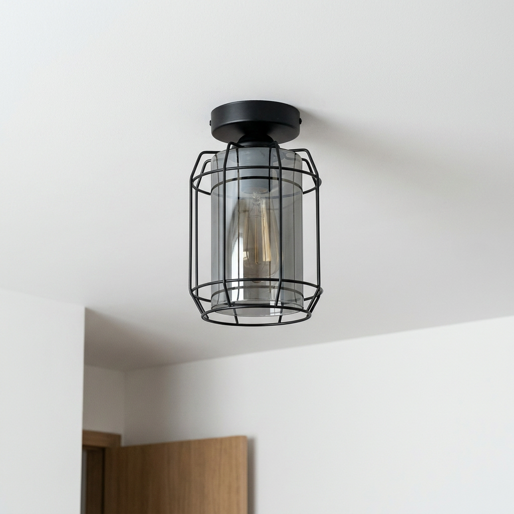 Plafonnier Acier Verre E27 | Jonera — vu de dessous, fixe au plafond, eteint