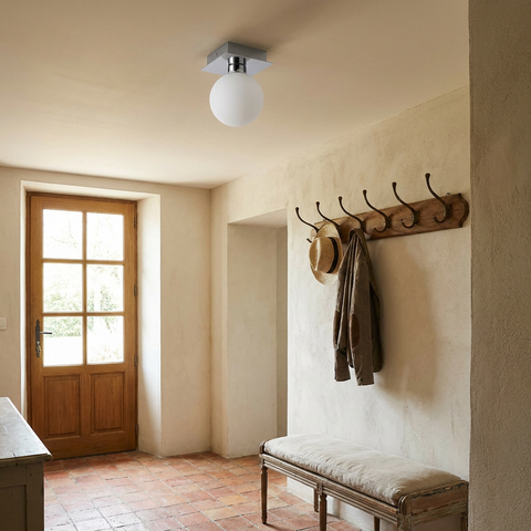 Plafonnier Acier Verre G9 | Oden — en situation dans une piece, fixe au plafond, eteint