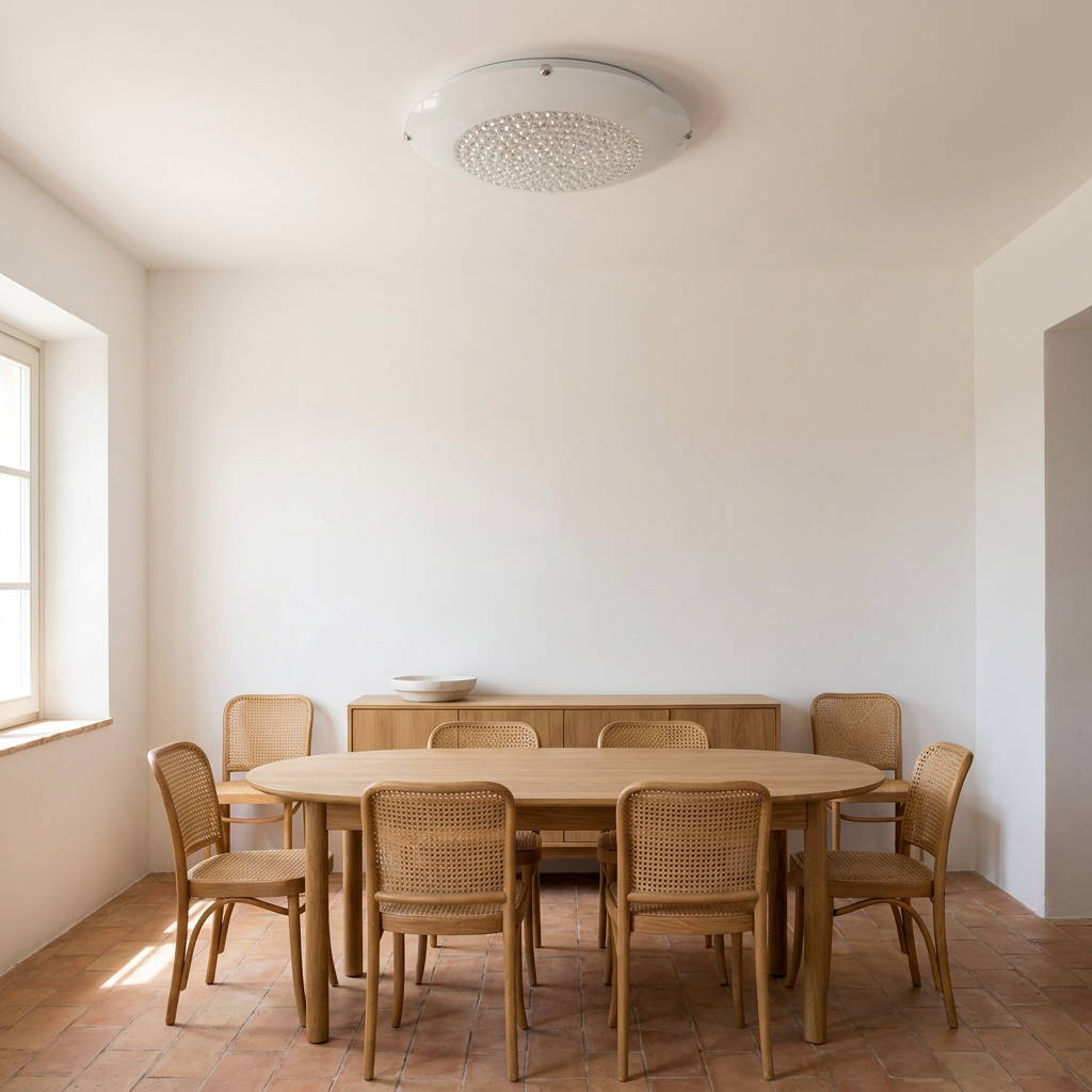 Plafonnier Acier Verre | Pristina — en situation dans une piece, fixe au plafond, eteint