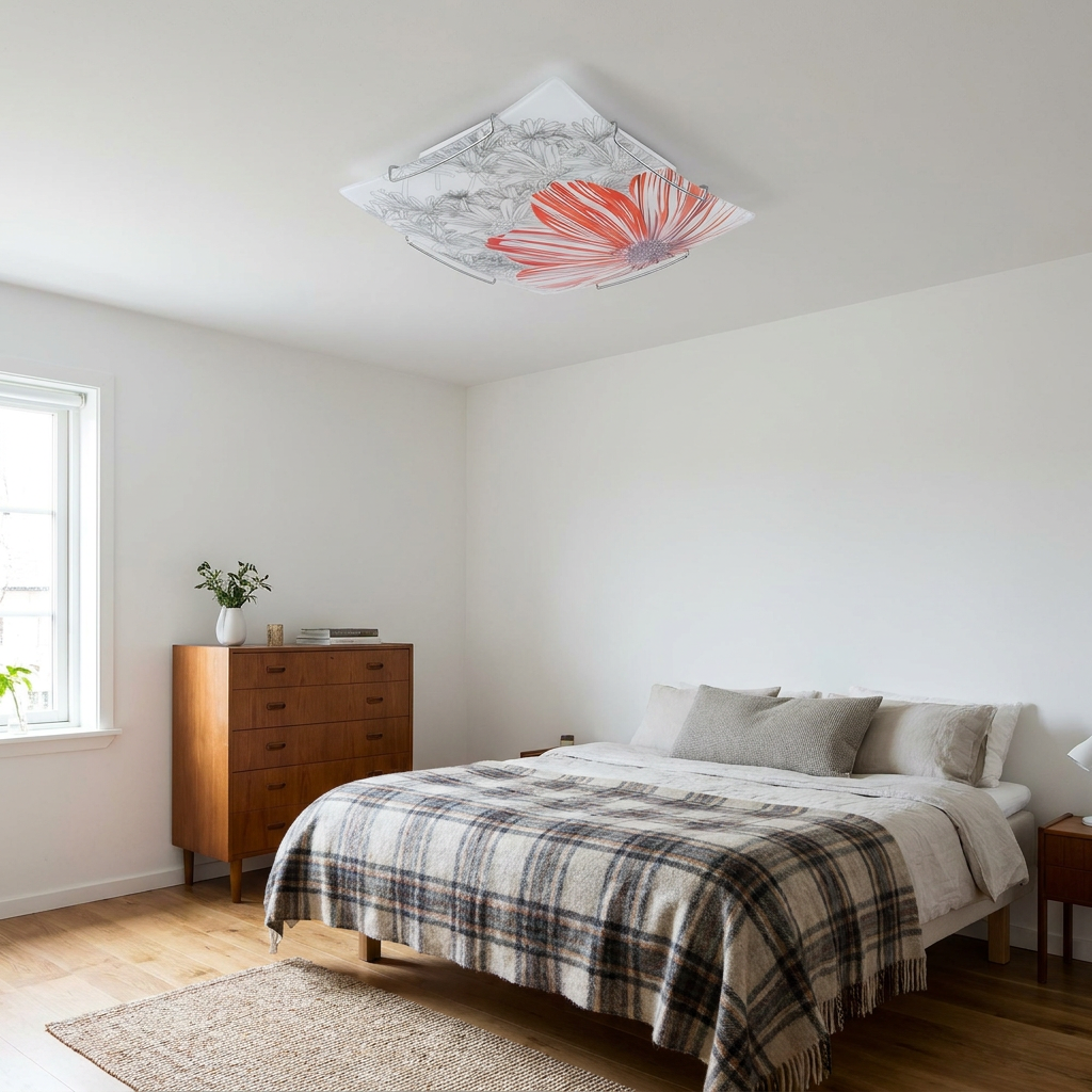 Plafonnier Acier Verre Rouge | Spring — en situation dans une piece, fixe au plafond, eteint
