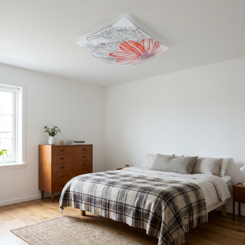 Plafonnier Acier Verre Rouge | Spring — en situation dans une piece, fixe au plafond, eteint
