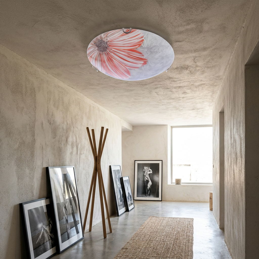 Plafonnier Acier Verre Rouge | Spring — en situation dans une piece, fixe au plafond, eteint