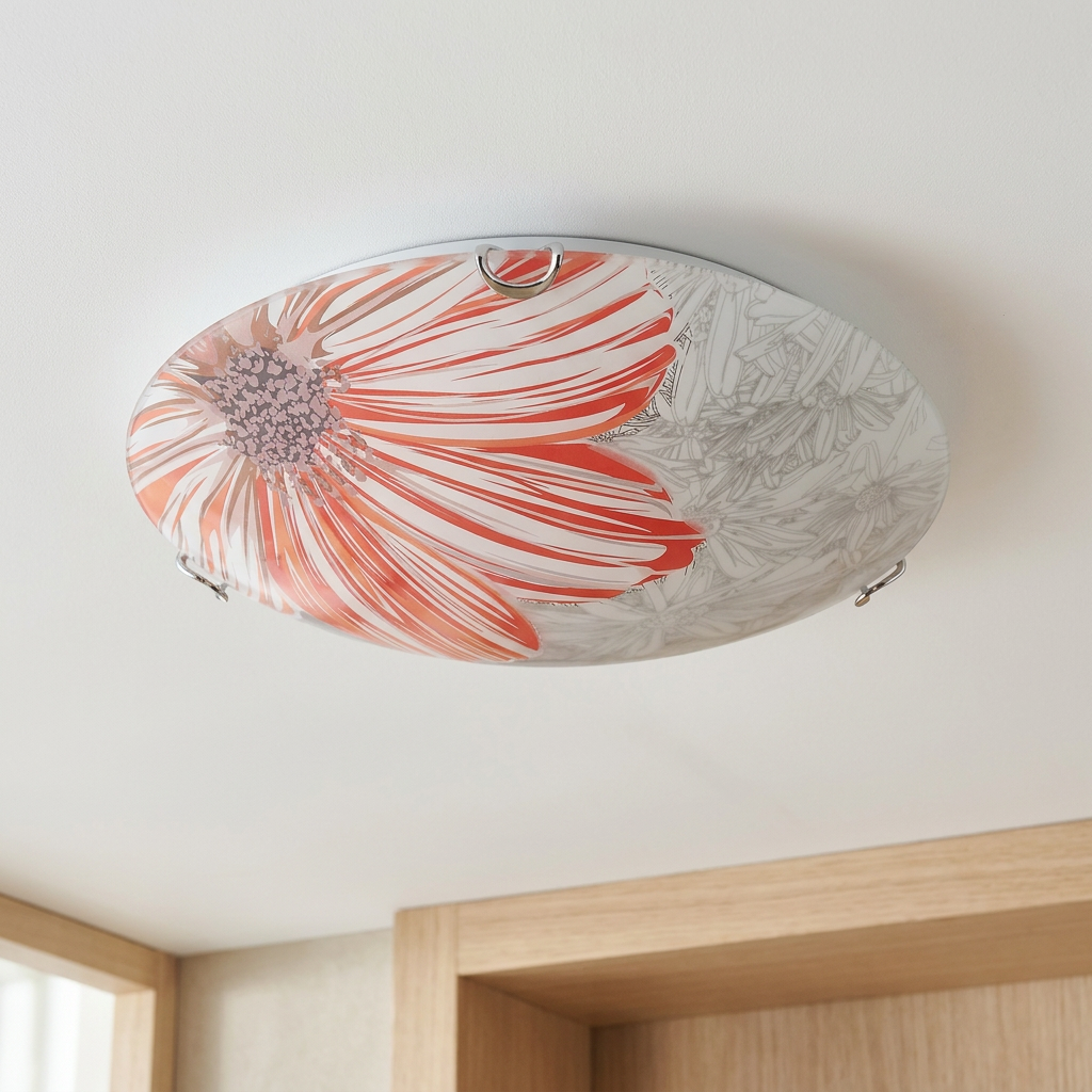 Plafonnier Acier Verre Rouge | Spring — vu de dessous, fixe au plafond, eteint