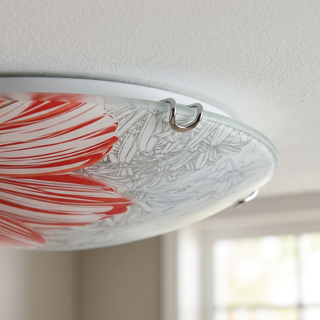 Plafonnier Acier Verre Rouge | Spring — detail du bord et de la fixation au plafond