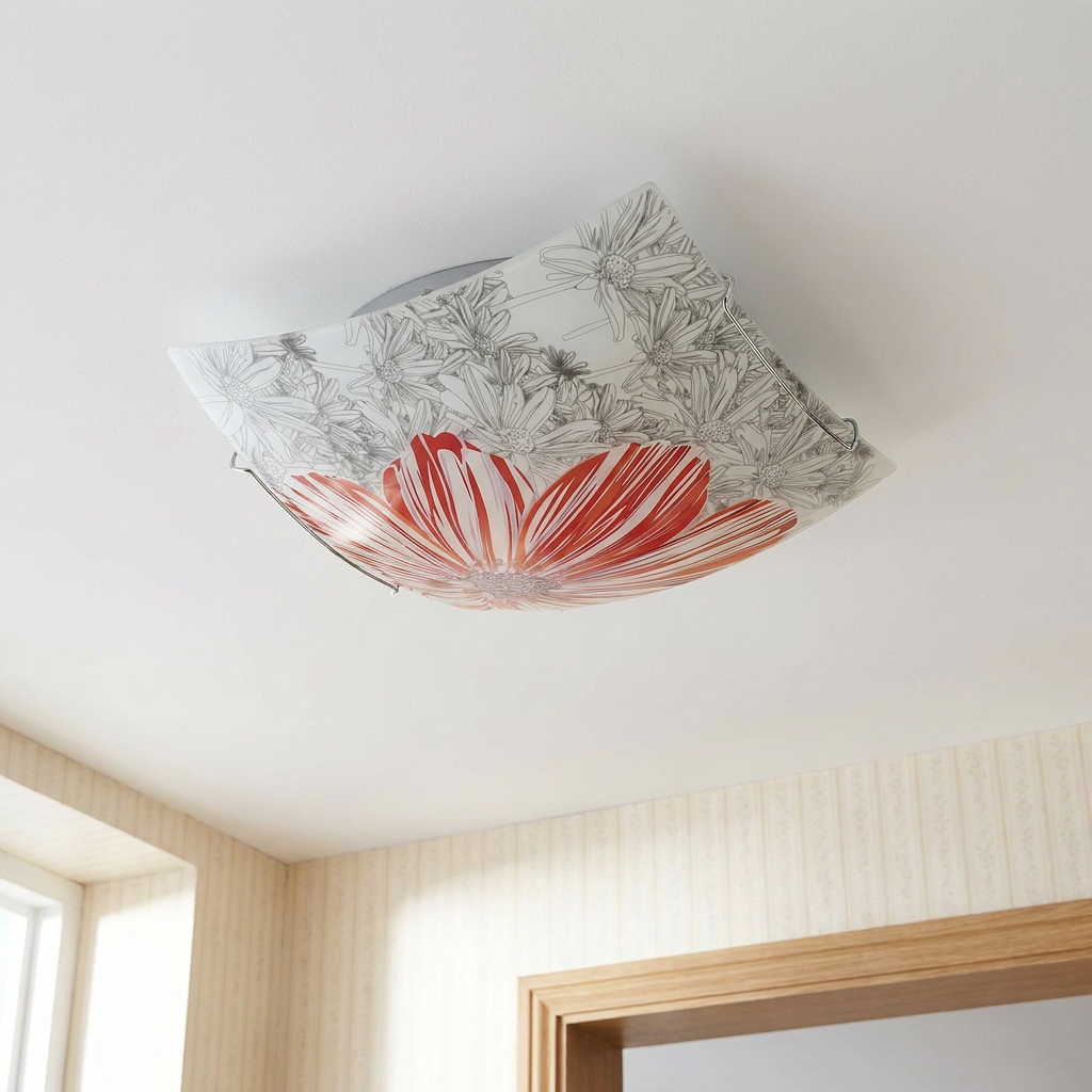 Plafonnier Acier Verre Rouge | Spring — vu de dessous, fixe au plafond, eteint
