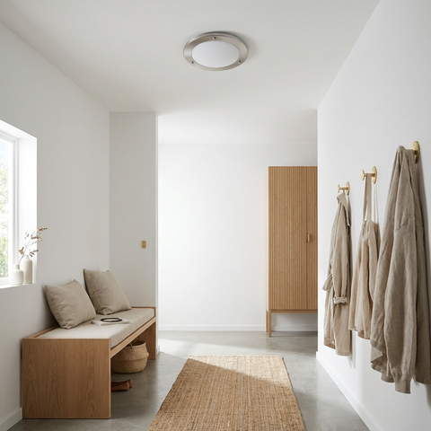 Plafonnier Acier Verre Satiné | Aquila — en situation dans une piece, fixe au plafond, eteint