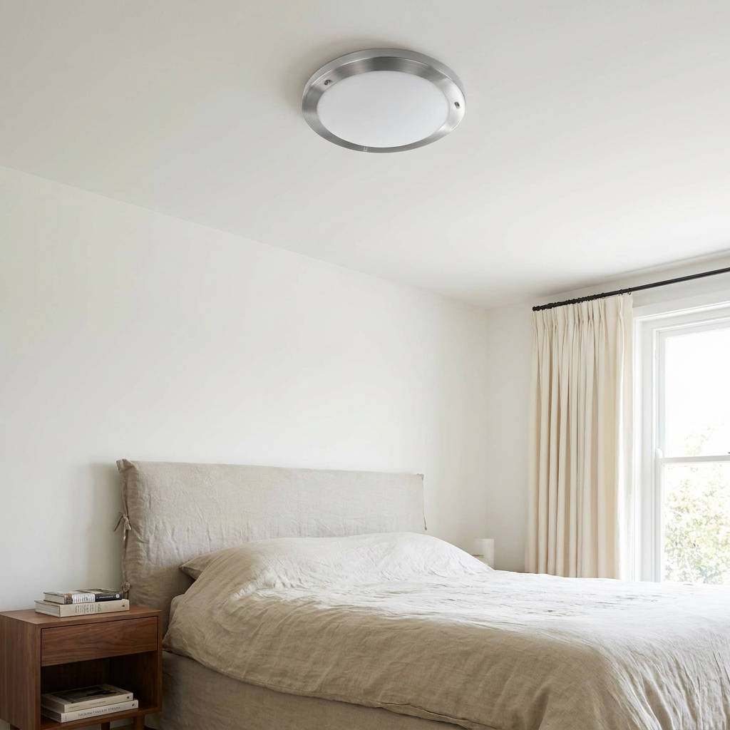 Plafonnier Acier Verre Satiné | Aquila — en situation dans une piece, fixe au plafond, eteint