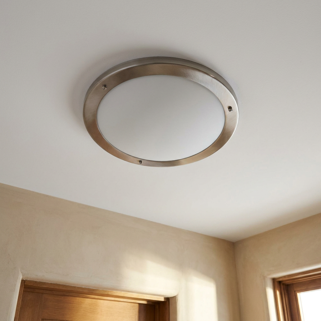 Plafonnier Acier Verre Satiné | Aquila — vu de dessous, fixe au plafond, eteint