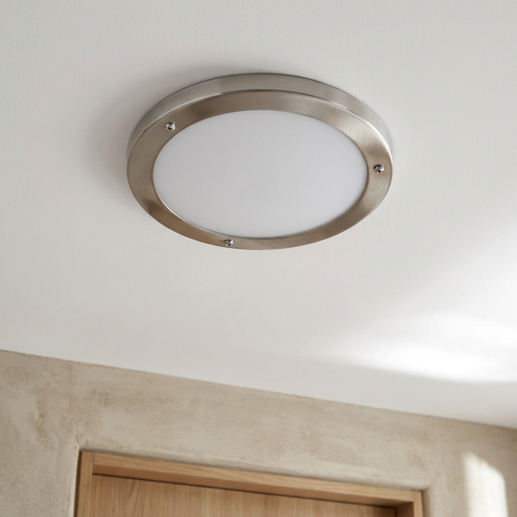 Plafonnier Acier Verre Satiné | Aquila — vu de dessous, fixe au plafond, eteint