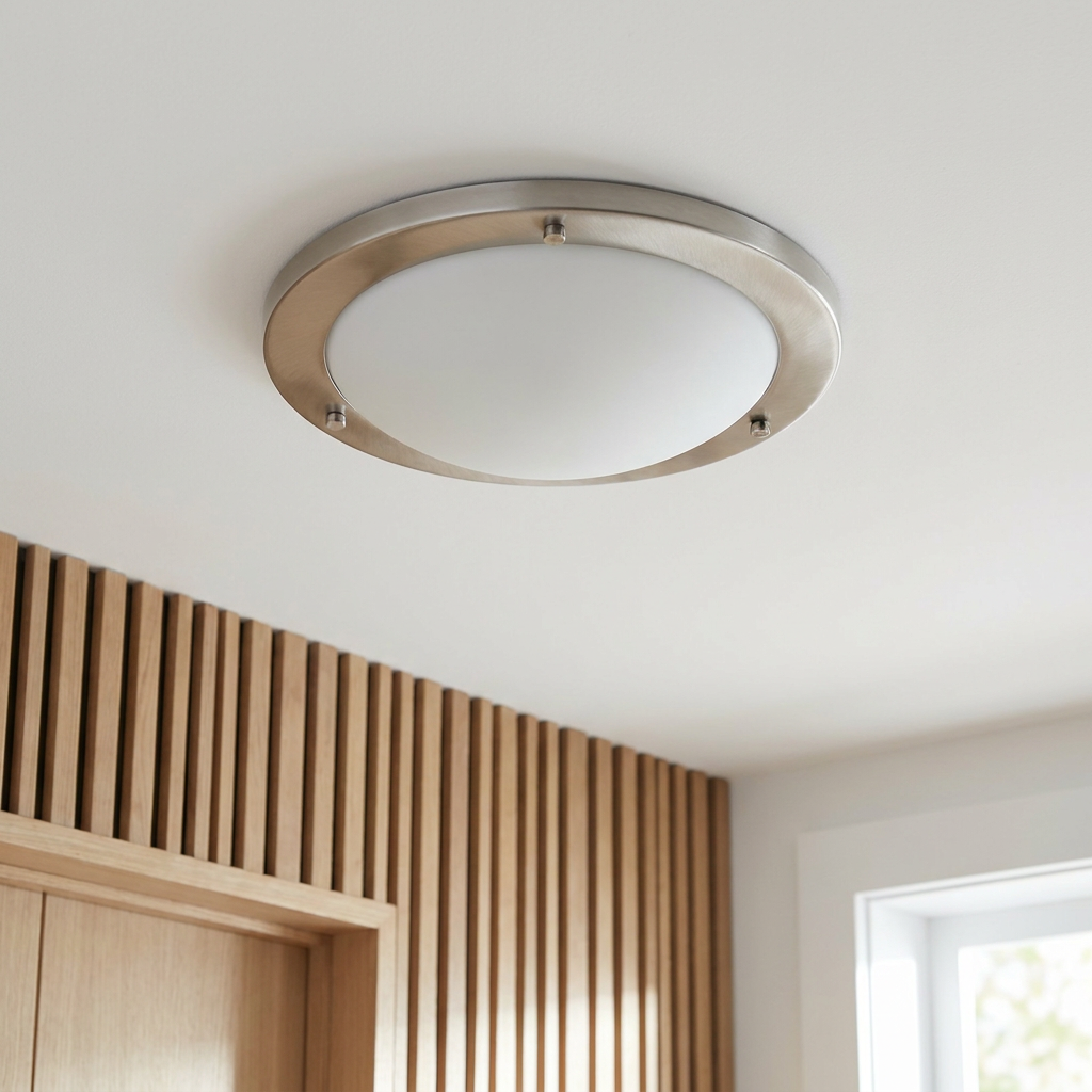 Plafonnier Acier Verre Satiné | Aquila — vu de dessous, fixe au plafond, eteint
