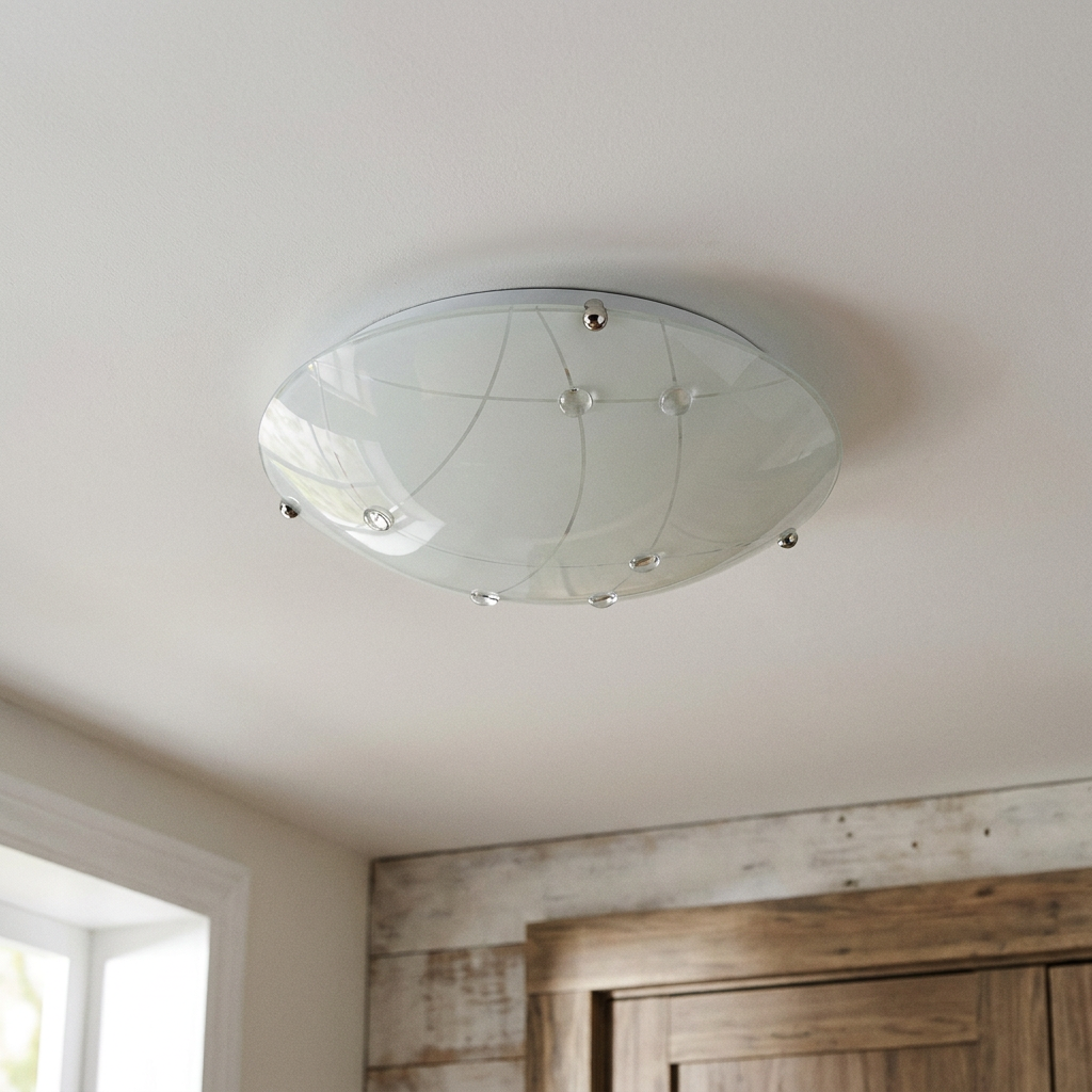 Plafonnier Acier Verre Transparent | Duca — vu de dessous, fixe au plafond, eteint