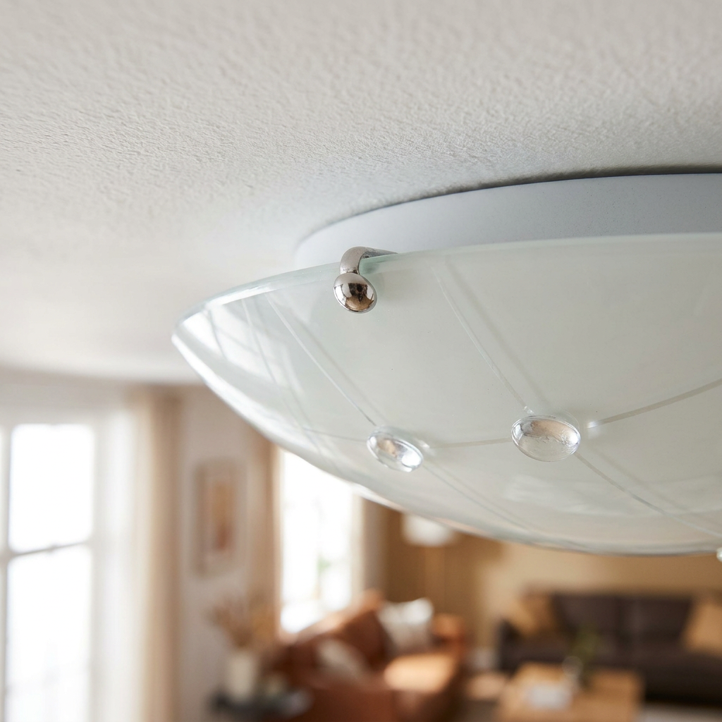Plafonnier Acier Verre Transparent | Duca — detail du bord et de la fixation au plafond