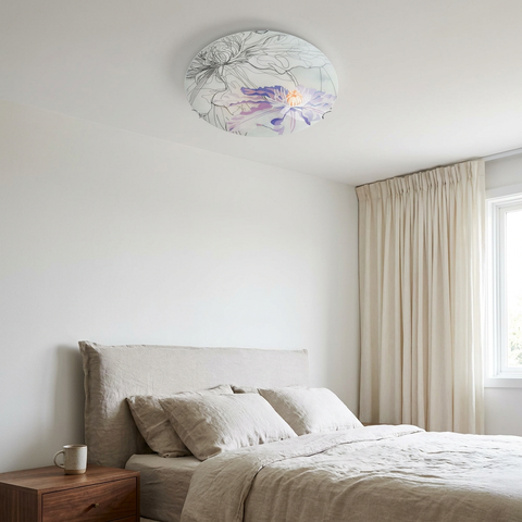 Plafonnier Acier Verre Violet | Spring — en situation dans une piece, fixe au plafond, eteint