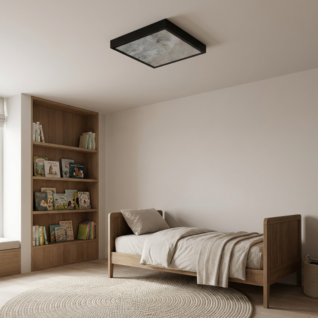 Plafonnier Design | Luxan — en situation dans une piece, fixe au plafond, eteint