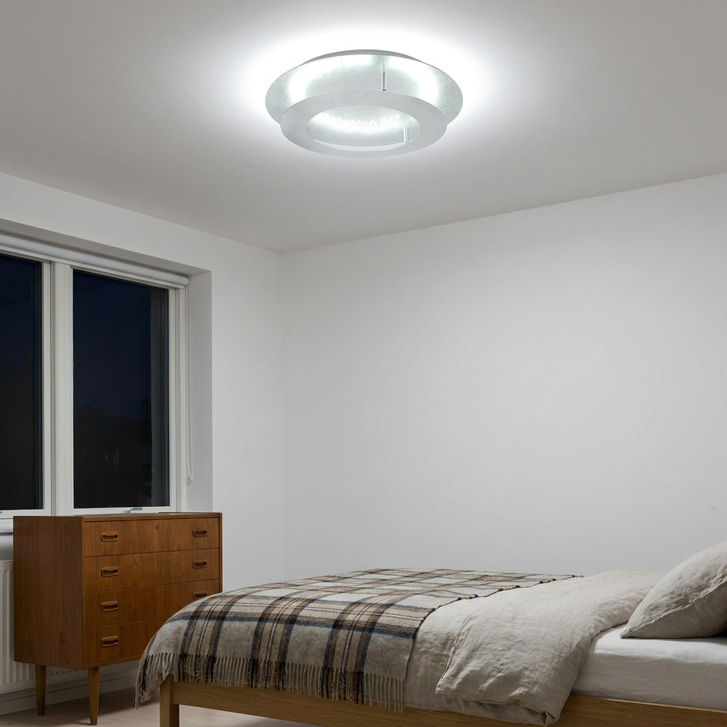 Plafonnier LED Acier Argenté | Merle — allume le soir, ambiance chaleureuse, eclairage du plafond