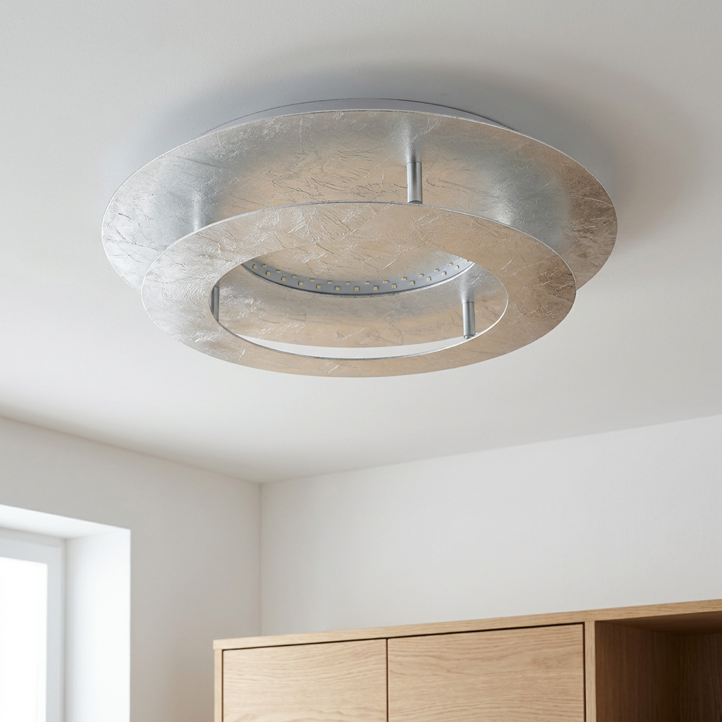 Plafonnier LED Acier Argenté | Merle — vu de dessous, fixe au plafond, eteint