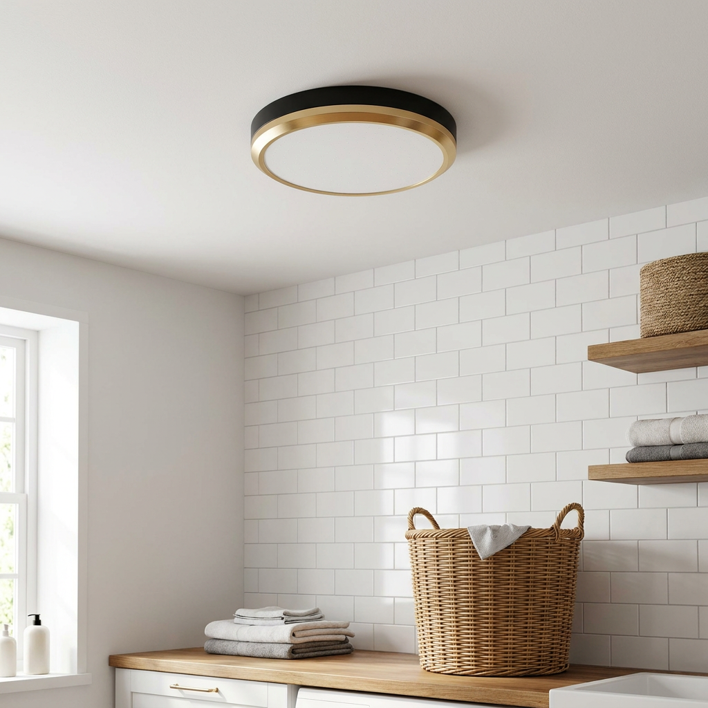 Plafonnier LED Acier Composite — en situation dans une piece, fixe au plafond, eteint