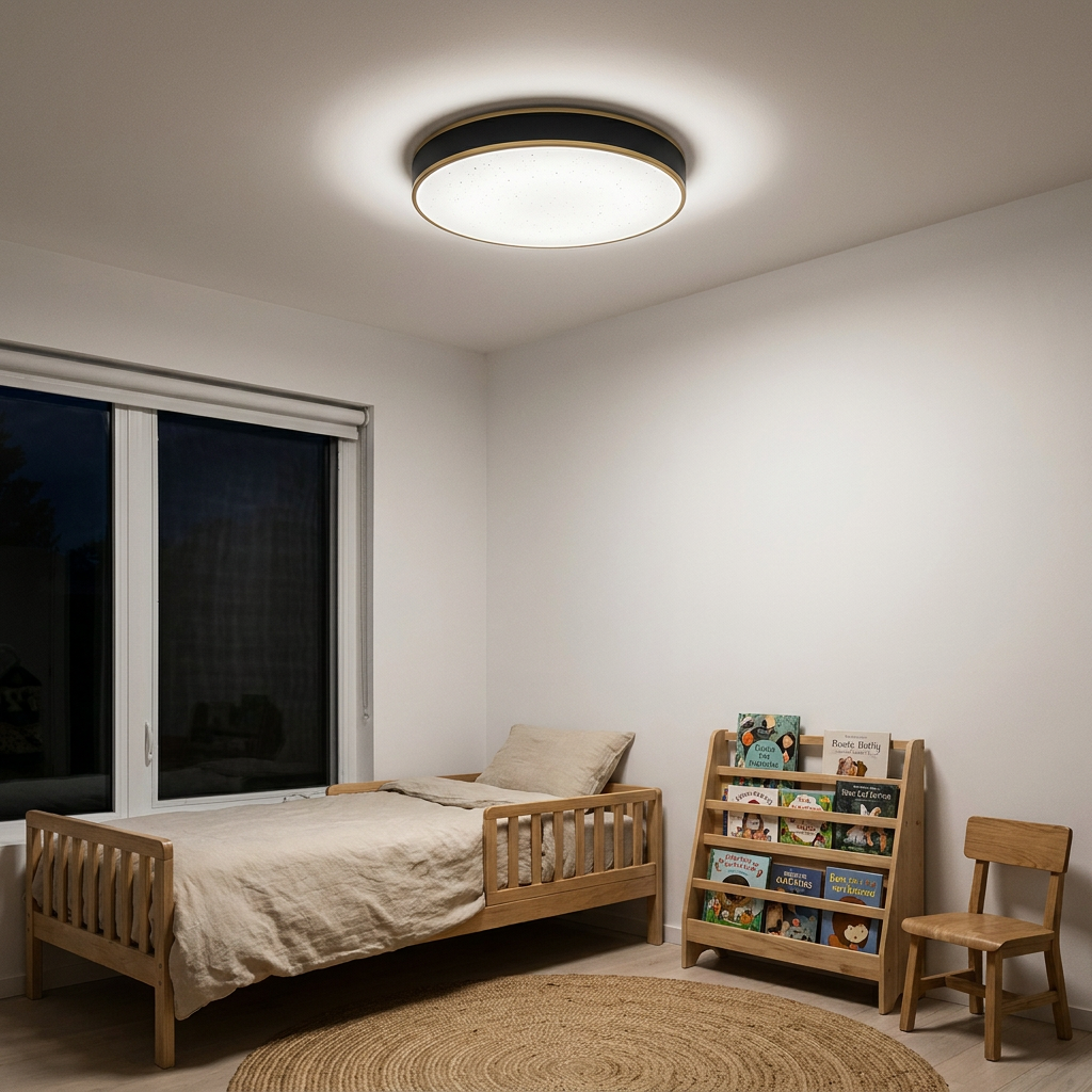 Plafonnier LED Acier Composite — allume le soir, ambiance chaleureuse, eclairage du plafond