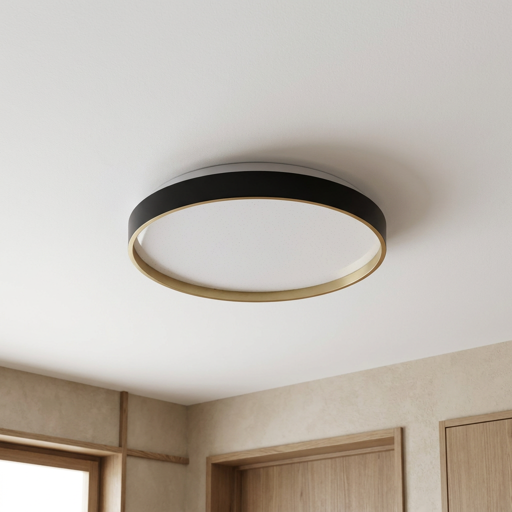 Plafonnier LED Acier Composite — vu de dessous, fixe au plafond, eteint