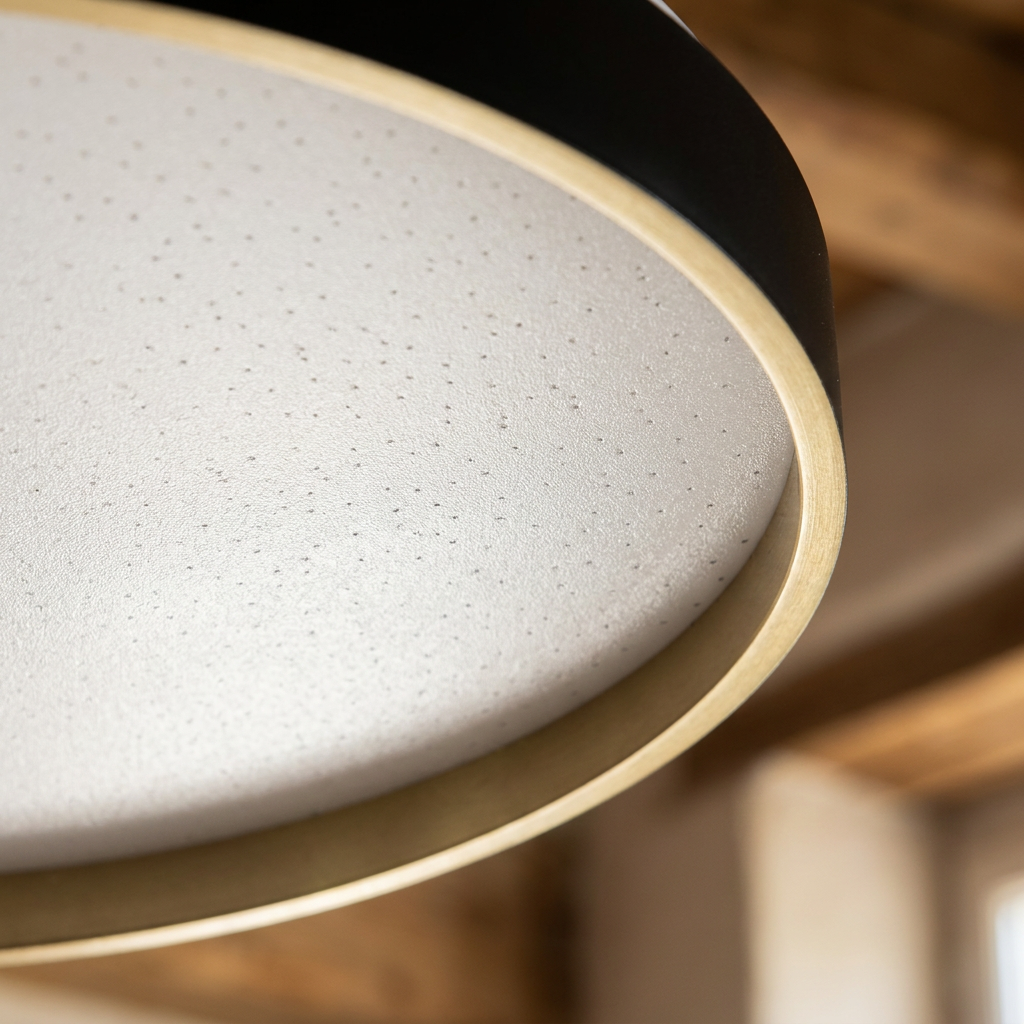 Plafonnier LED Acier Composite — gros plan sur la matiere et la finition