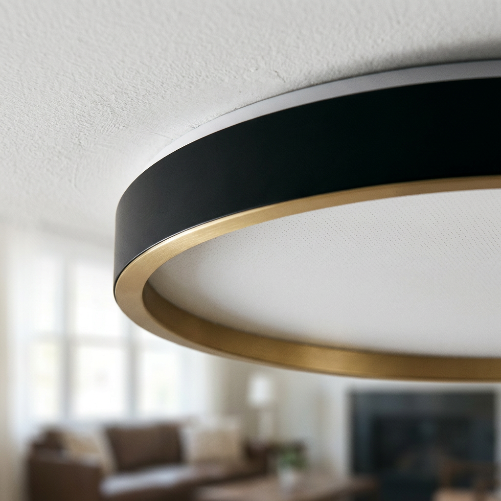 Plafonnier LED Acier Composite — detail du bord et de la fixation au plafond