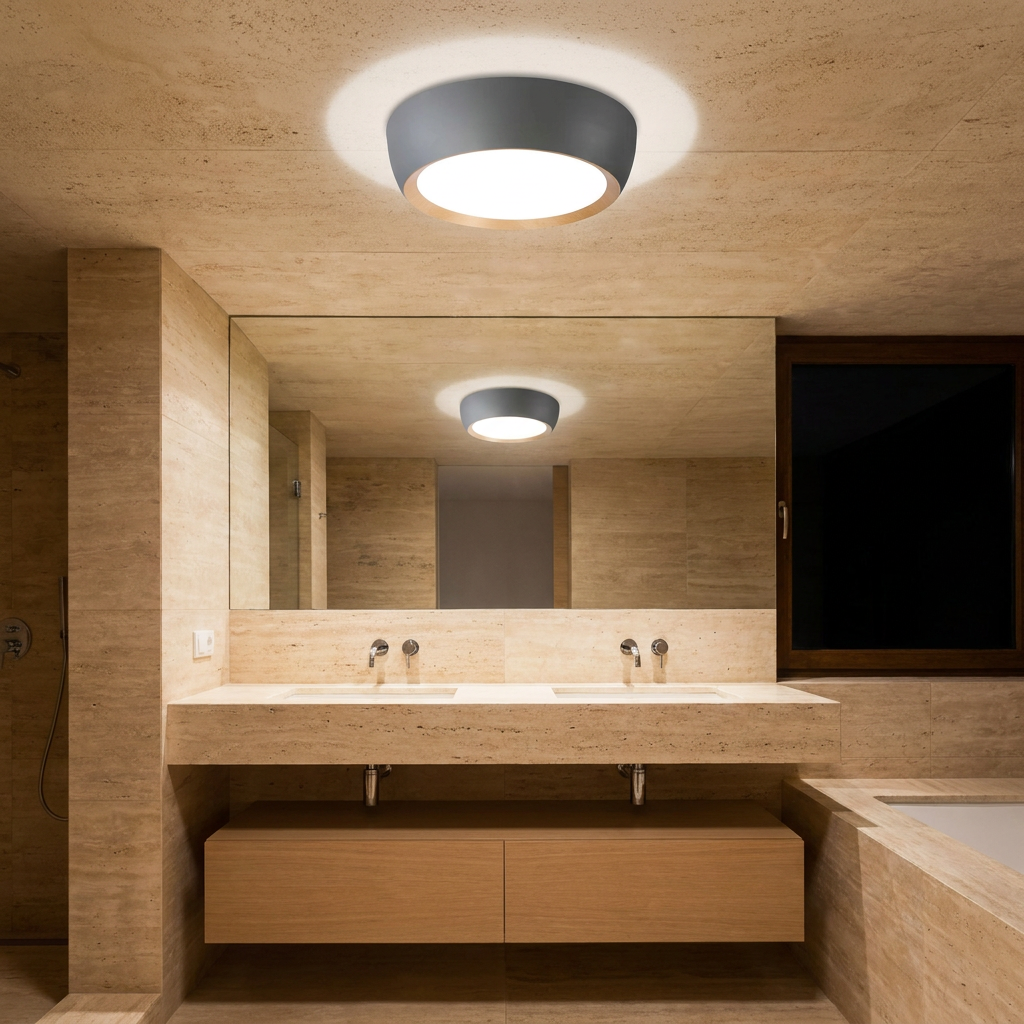 Plafonnier LED Acier Composite — allume le soir, ambiance chaleureuse, eclairage du plafond