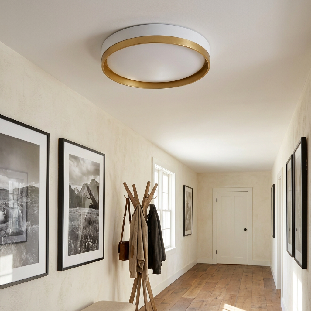 Plafonnier LED Acier Composite — en situation dans une piece, fixe au plafond, eteint