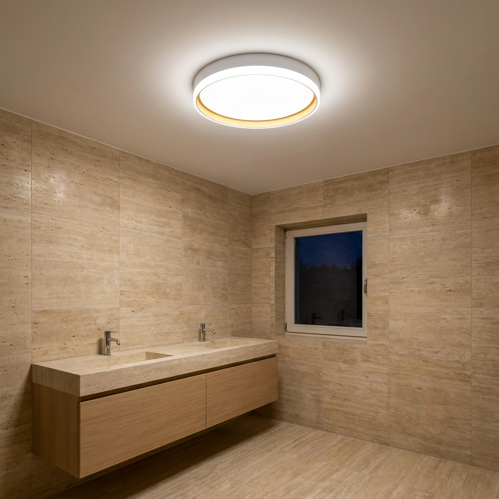 Plafonnier LED Acier Composite — allume le soir, ambiance chaleureuse, eclairage du plafond