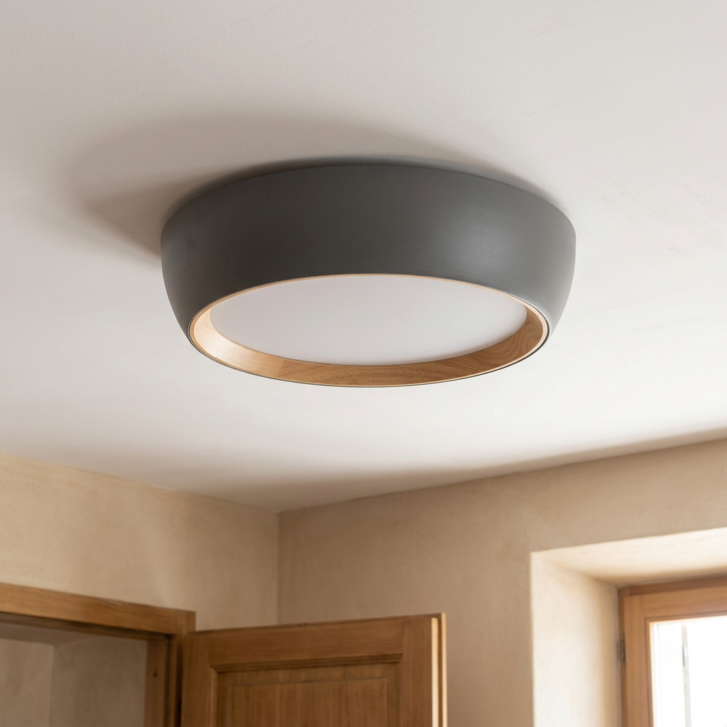 Plafonnier LED Acier Composite — vu de dessous, fixe au plafond, eteint